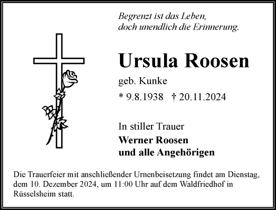 Traueranzeige von Ursula Roosen von Rüsselsheimer Echo