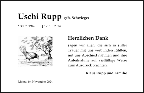 Traueranzeige von Uschi Rupp von Allgemeine Zeitung Mainz