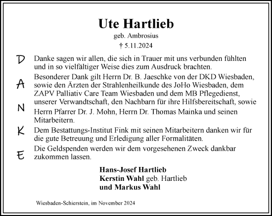 Traueranzeige von Ute Hartlieb von Wiesbadener Kurier