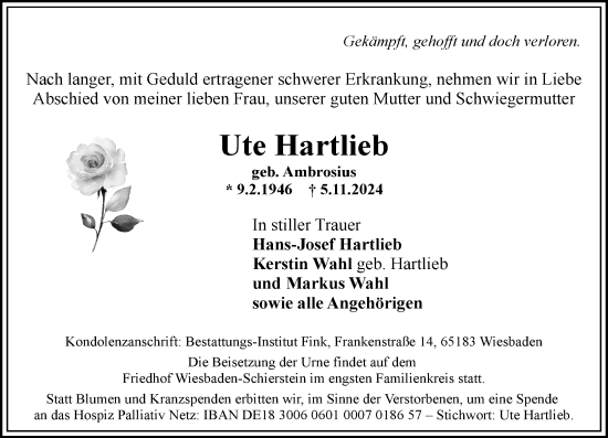 Traueranzeige von Ute Hartlieb von Wiesbadener Kurier