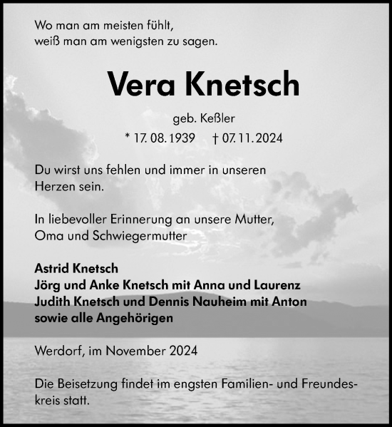 Traueranzeige von Vera Knetsch von Wetzlarer Neue Zeitung