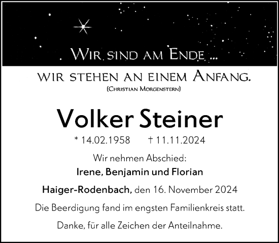 Traueranzeige von Volker Steiner von Dill Block