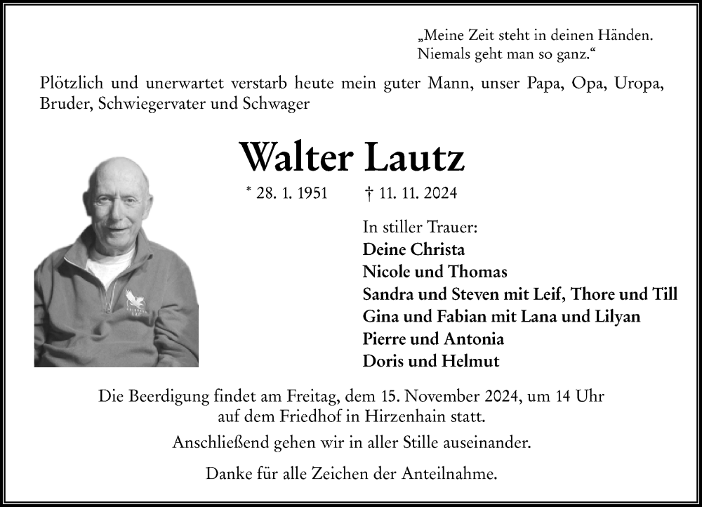  Traueranzeige für Walter Lautz vom 13.11.2024 aus Dill Block