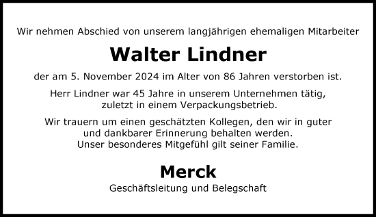 Traueranzeige von Walter Lindner von Darmstädter Echo