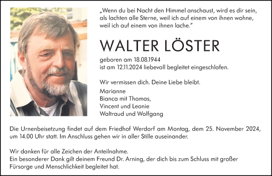 Traueranzeige von Walter Löster von Wetzlarer Neue Zeitung