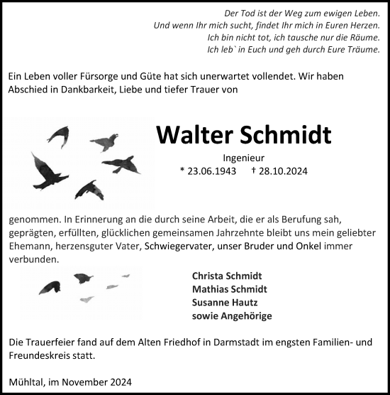 Traueranzeige von Walter Schmidt von Darmstädter Echo