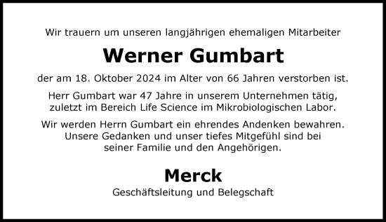 Traueranzeige von Werner Gumbart von Darmstädter Echo