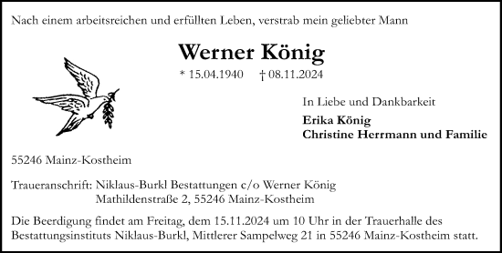 Traueranzeige von Werner König von Allgemeine Zeitung Mainz