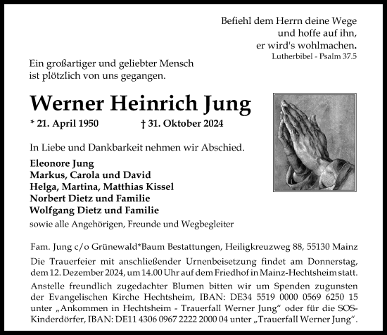 Traueranzeige von Werner Heinrich Jung von Allgemeine Zeitung Mainz