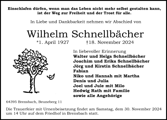 Traueranzeige von Wilhelm Schnellbächer von Odenwälder Echo