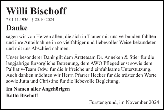 Traueranzeige von Willi Bischoff von Odenwälder Echo