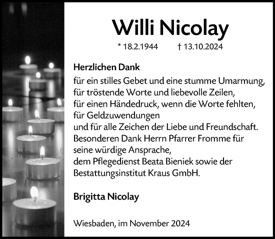 Traueranzeige von Willi Nicolay von Wiesbadener Kurier