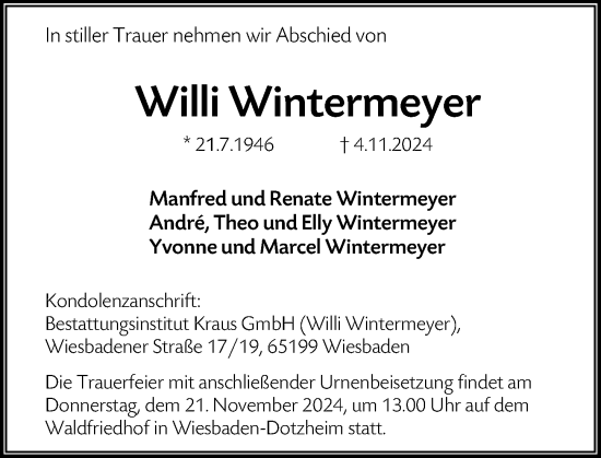 Traueranzeige von Willi Wintermeyer von Wiesbadener Kurier