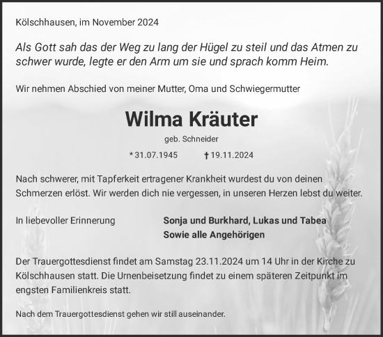 Traueranzeige von Wilma Kräuter von Wetzlarer Neue Zeitung