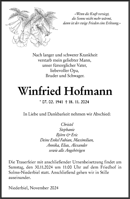 Traueranzeige von Winfried Hofmann von Wetzlarer Neue Zeitung