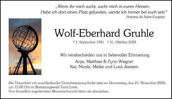 Traueranzeige von Wolf-Eberhard Gruhle von Wiesbadener Kurier