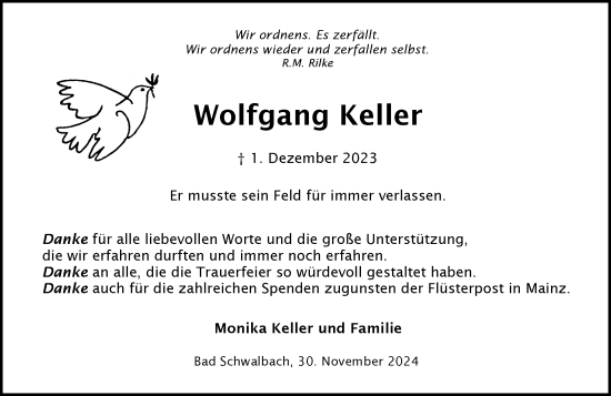 Traueranzeige von Wolfgang Keller von Wiesbadener Kurier