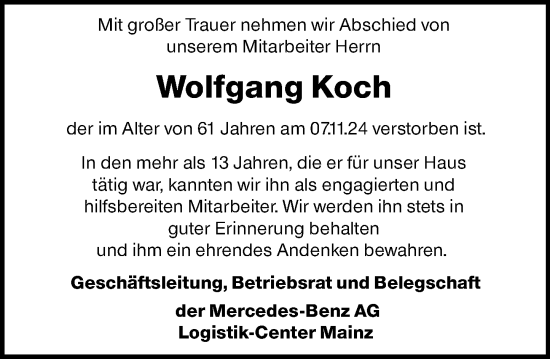 Traueranzeige von Wolfgang Koch von Allgemeine Zeitung Mainz