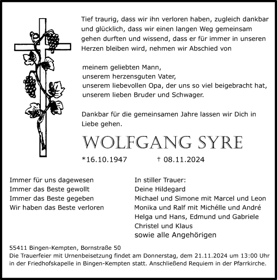 Traueranzeige von Wolfgang Syre von Allgemeine Zeitung Rheinhessen-Nahe