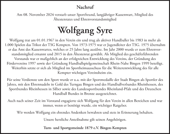 Traueranzeige von Wolfgang Syre von Allgemeine Zeitung Rheinhessen-Nahe