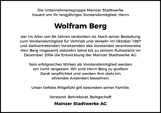 Traueranzeige von Wolfram Berg von Allgemeine Zeitung Mainz