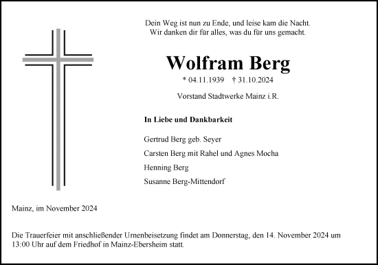 Traueranzeige von Wolfram Berg von Allgemeine Zeitung Mainz