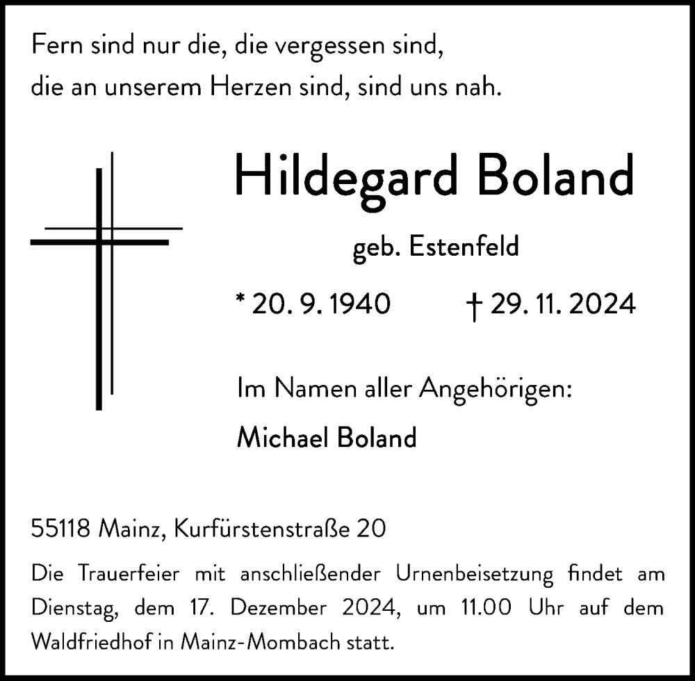  Traueranzeige für Hildegard Boland vom 07.12.2024 aus Allgemeine Zeitung Mainz