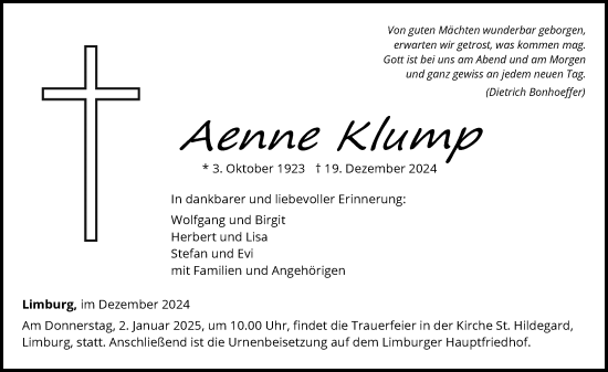 Traueranzeige von Aenne Klump von Nassauische Neue Presse