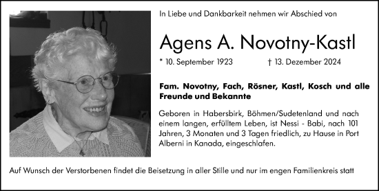 Traueranzeige von Agnes A. Novotny-Kastl von Wetzlarer Neue Zeitung