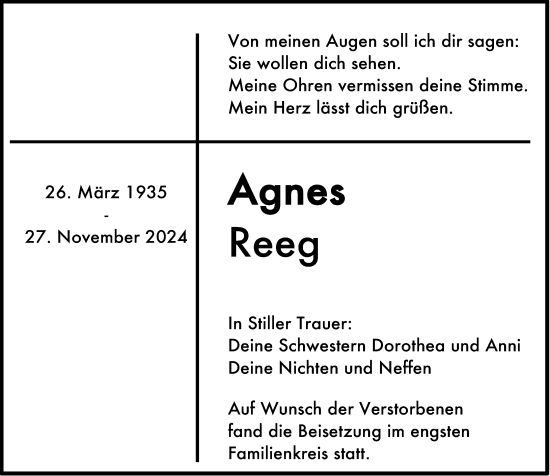 Traueranzeige von Agnes Reeg von Darmstädter Echo