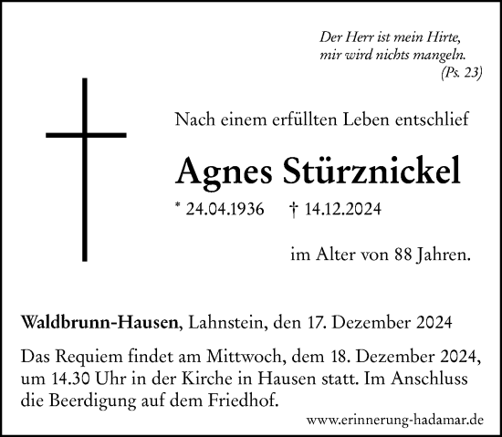 Traueranzeige von Agnes Stürznickel von Nassauische Neue Presse