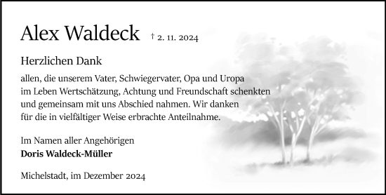 Traueranzeige von Alex Waldeck von Odenwälder Echo