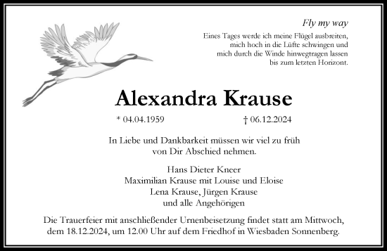 Traueranzeige von Alexandra Krause von Wiesbadener Kurier