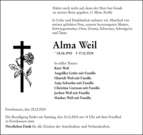 Traueranzeige von Alma Weil von Dill Block