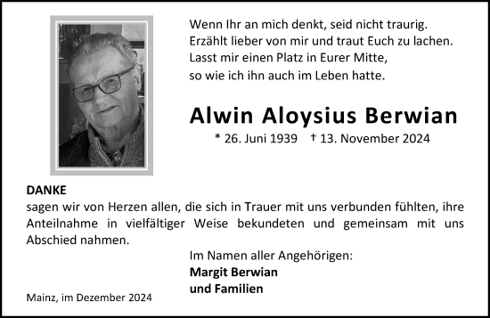 Traueranzeige von Alwin Aloysius Berwian von Allgemeine Zeitung Mainz