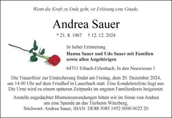 Traueranzeige von Andrea Sauer von Odenwälder Echo