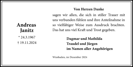 Traueranzeige von Andreas Janitz von Wiesbadener Kurier