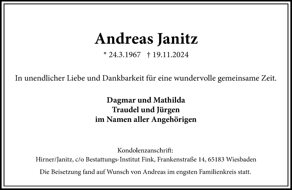  Traueranzeige für Andreas Janitz vom 07.12.2024 aus Wiesbadener Kurier