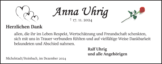 Traueranzeige von Anna Uhrig von Odenwälder Echo