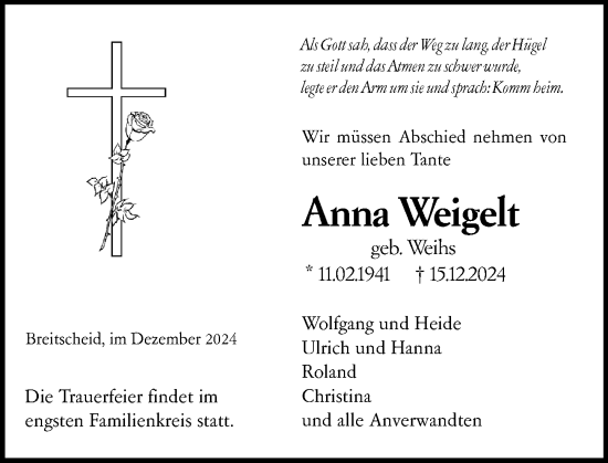 Traueranzeige von Anna Weigelt von Dill Block