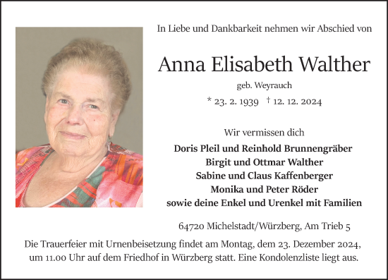 Traueranzeige von Anna Elisabeth Walther von Odenwälder Echo