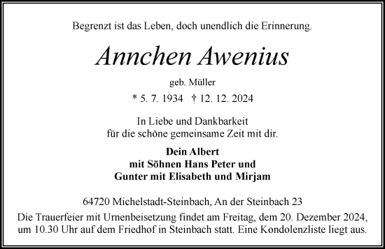 Traueranzeige von Annchen Awenius von Odenwälder Echo