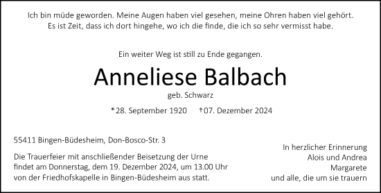 Traueranzeige von Anneliese Balbach von Allgemeine Zeitung Rheinhessen-Nahe