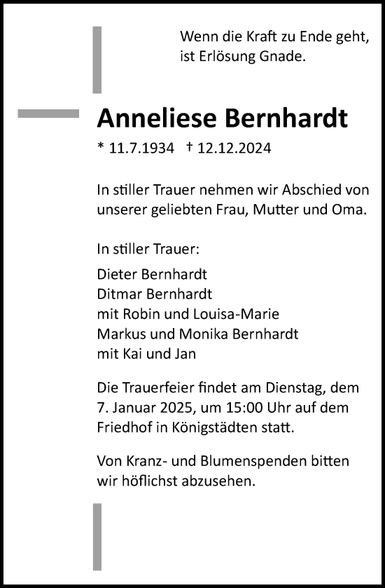 Traueranzeige von Anneliese Bernhardt von Rüsselsheimer Echo