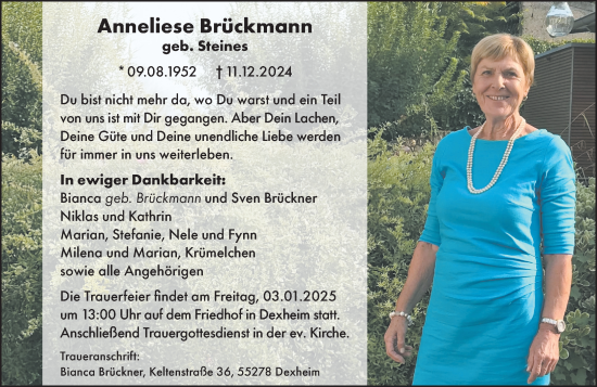 Traueranzeige von Anneliese Brückmann von Wiesbadener Kurier