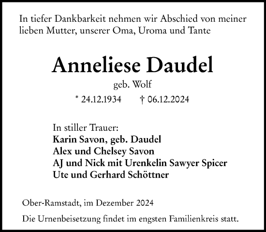 Traueranzeige von Anneliese Daudel von Darmstädter Echo