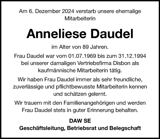 Traueranzeige von Anneliese Daudel von Darmstädter Echo