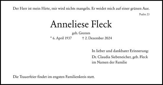 Traueranzeige von Anneliese Fleck von Darmstädter Echo