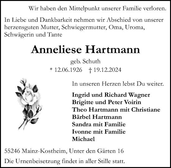 Traueranzeige von Anneliese Hartmann von Allgemeine Zeitung Mainz