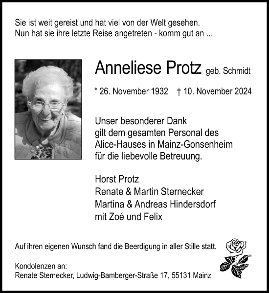 Traueranzeige von Anneliese Protz von Allgemeine Zeitung Mainz